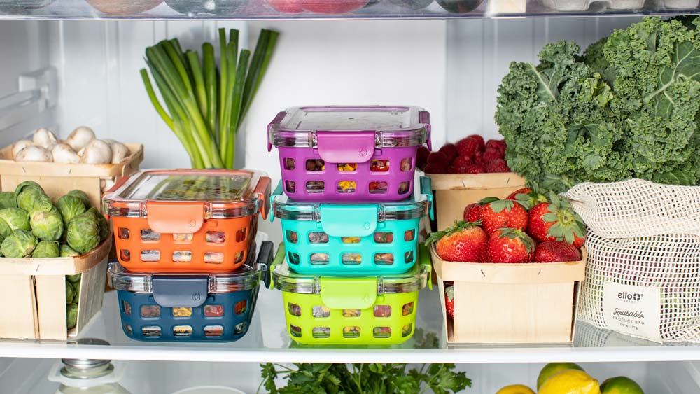 Interior of a refrigerator, full of fresh fruits and vegetables