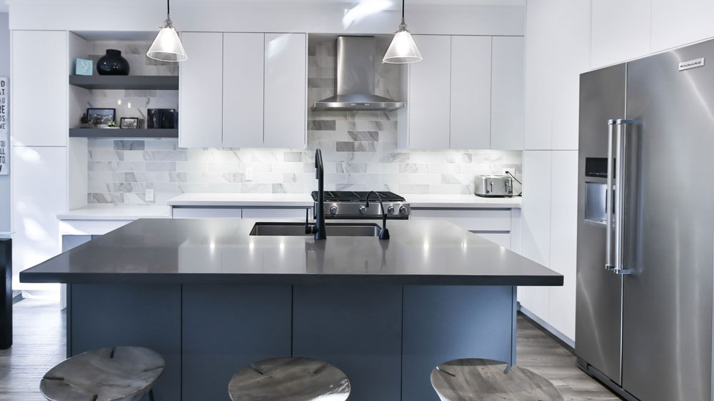 A home kitchen with a large KitchenAid refrigerator